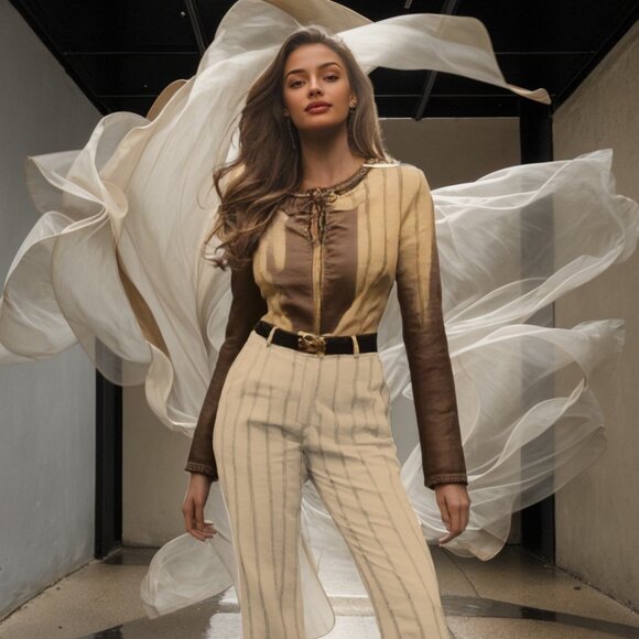 Tory Burch Cream Black Tuxedo Stripe Pants, Size 2 - Picture 2 of 9